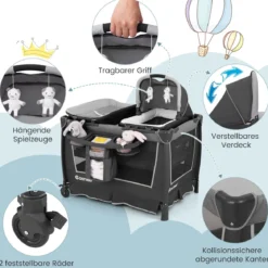 5 in 1 Faltbare Babybett mit Abnehmbarem Stubenwagen & Wickelauflage & Matratze Reisebett Grau
