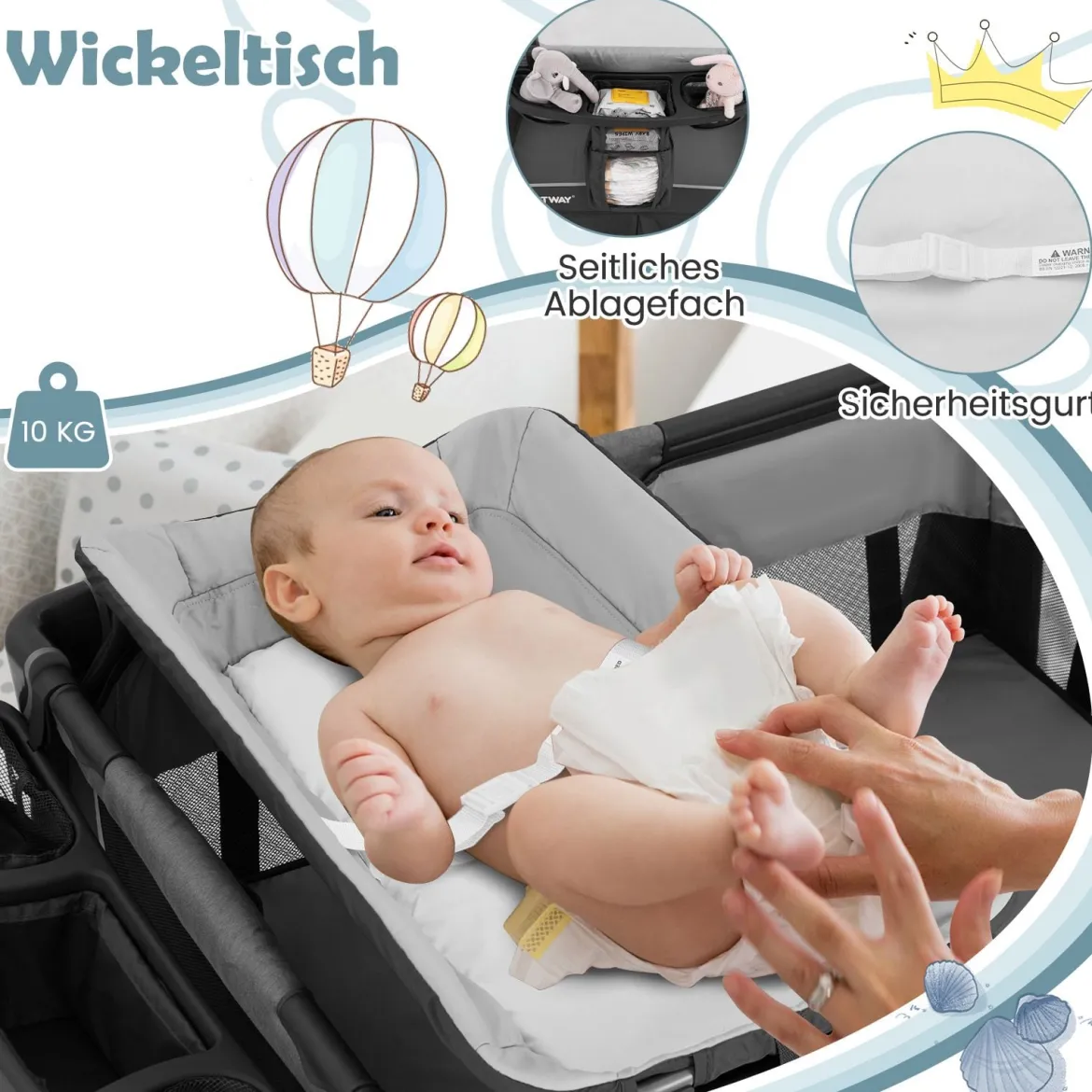5 in 1 Faltbare Babybett mit Abnehmbarem Stubenwagen & Wickelauflage & Matratze Reisebett Grau