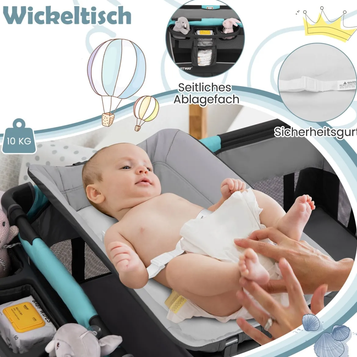 5 in 1 Faltbare Babybett mit Abnehmbarem Stubenwagen & Wickelauflage & Matratze Reisebett Grün