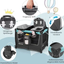 5 in 1 Faltbare Babybett mit Abnehmbarem Stubenwagen & Wickelauflage & Matratze Reisebett Grün