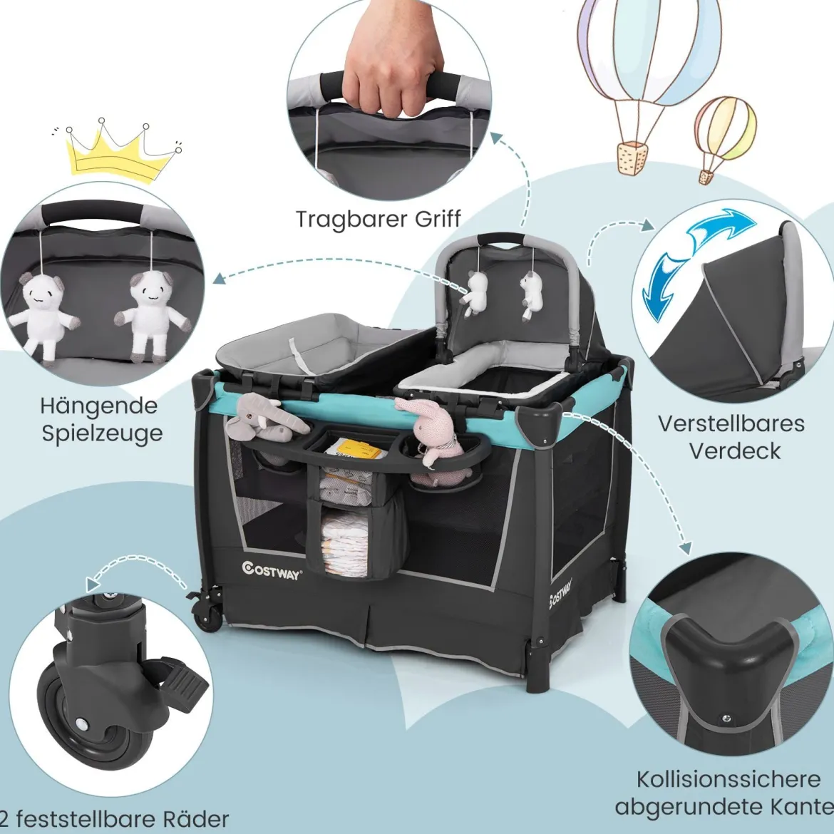 5 in 1 Faltbare Babybett mit Abnehmbarem Stubenwagen & Wickelauflage & Matratze Reisebett Grün