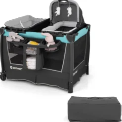 5 in 1 Faltbare Babybett mit Abnehmbarem Stubenwagen & Wickelauflage & Matratze Reisebett Grün