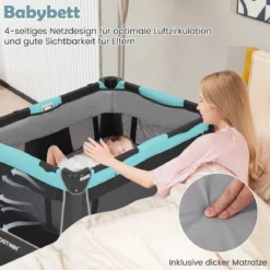 5 in 1 Faltbare Babybett mit Abnehmbarem Stubenwagen & Wickelauflage & Matratze Reisebett Grün