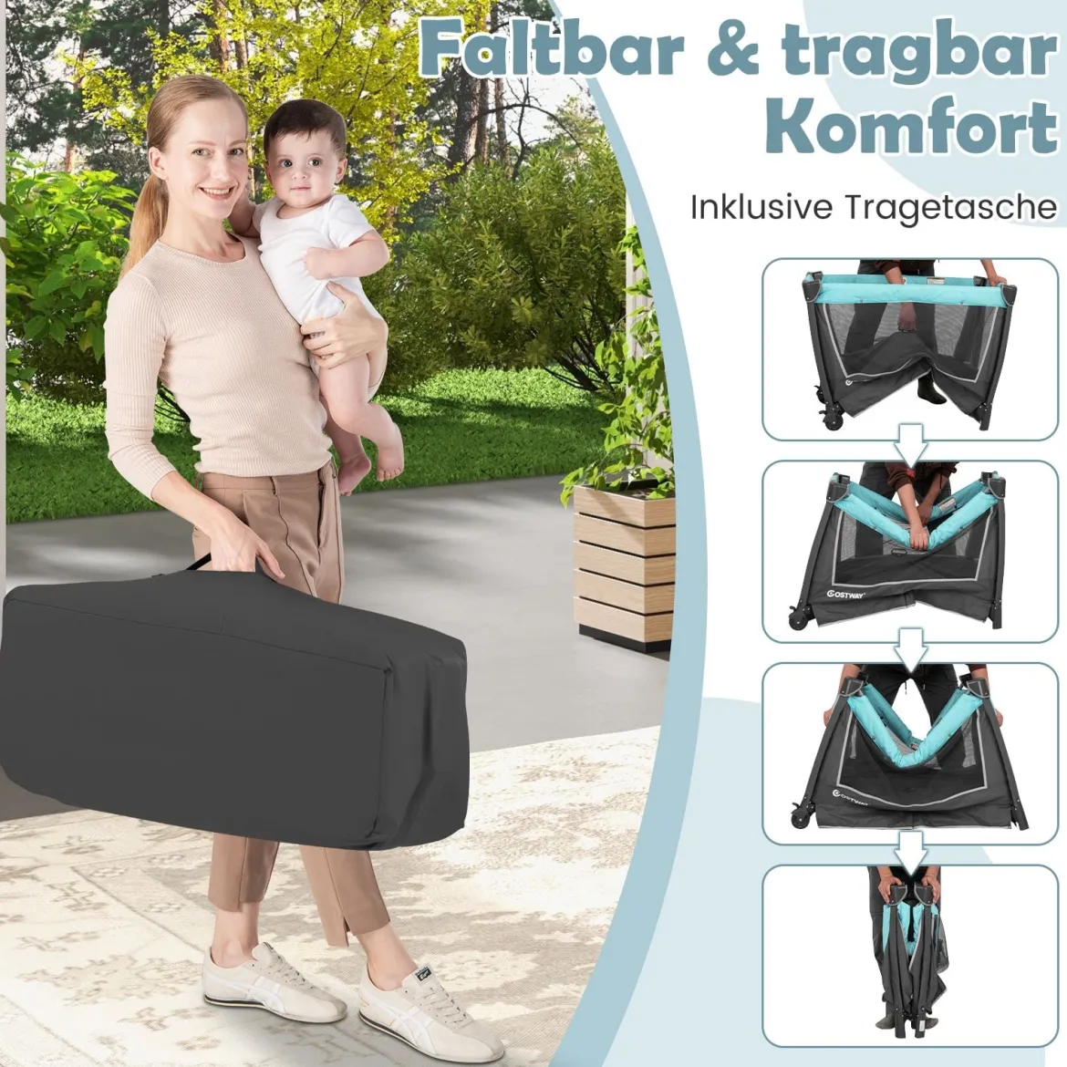 5 in 1 Faltbare Babybett mit Abnehmbarem Stubenwagen & Wickelauflage & Matratze Reisebett Grün