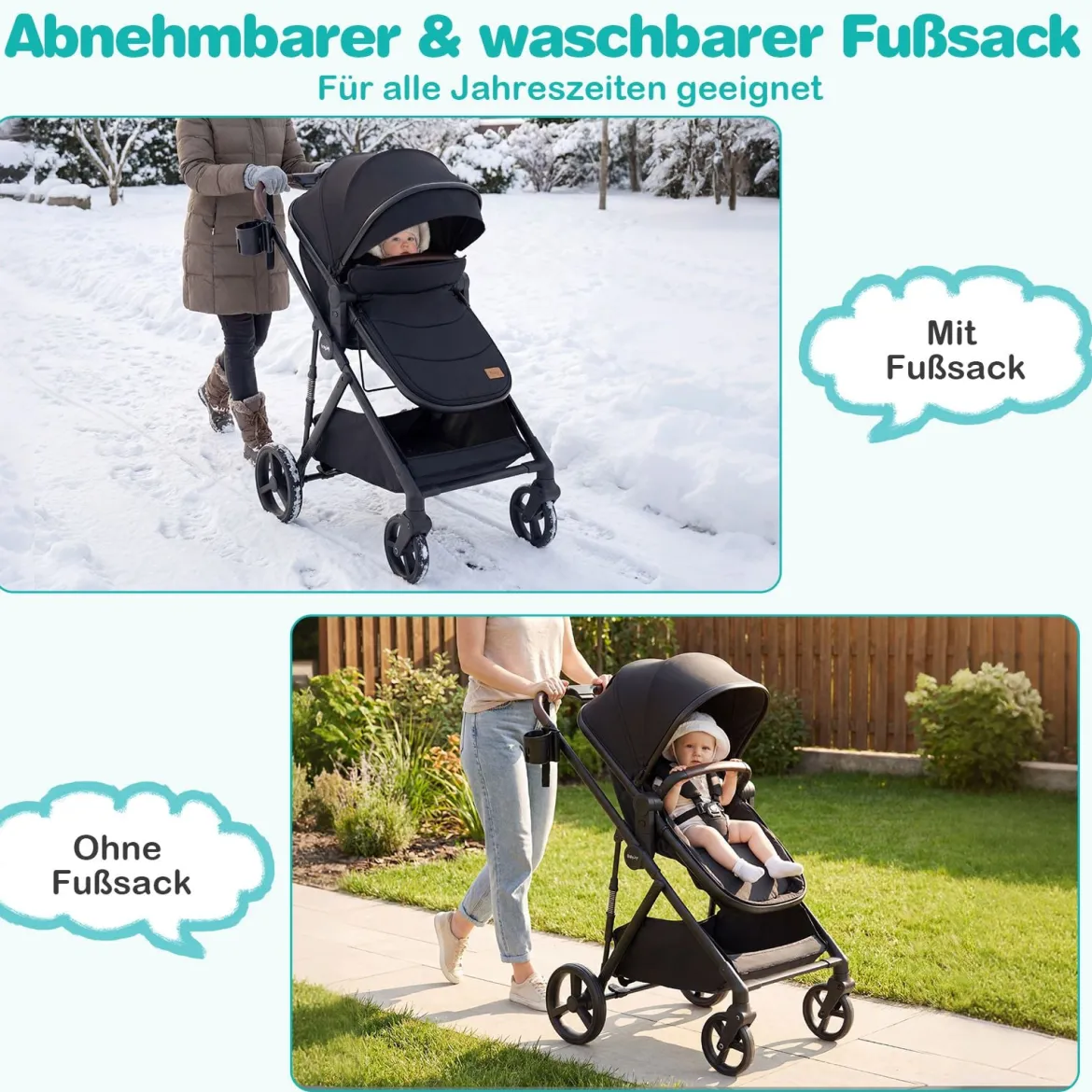 3 in 1 Faltbare Kinderwagen mit Umkehrbarem Sitz & Liegefunktion Reisebuggy Kombikinderwagen Schwarz