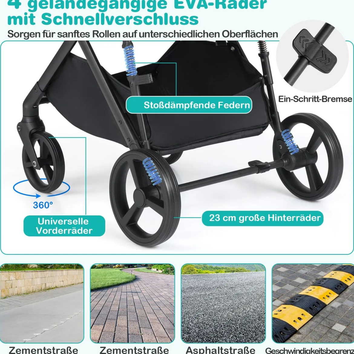 3 in 1 Faltbare Kinderwagen mit Umkehrbarem Sitz & Liegefunktion Reisebuggy Kombikinderwagen Schwarz