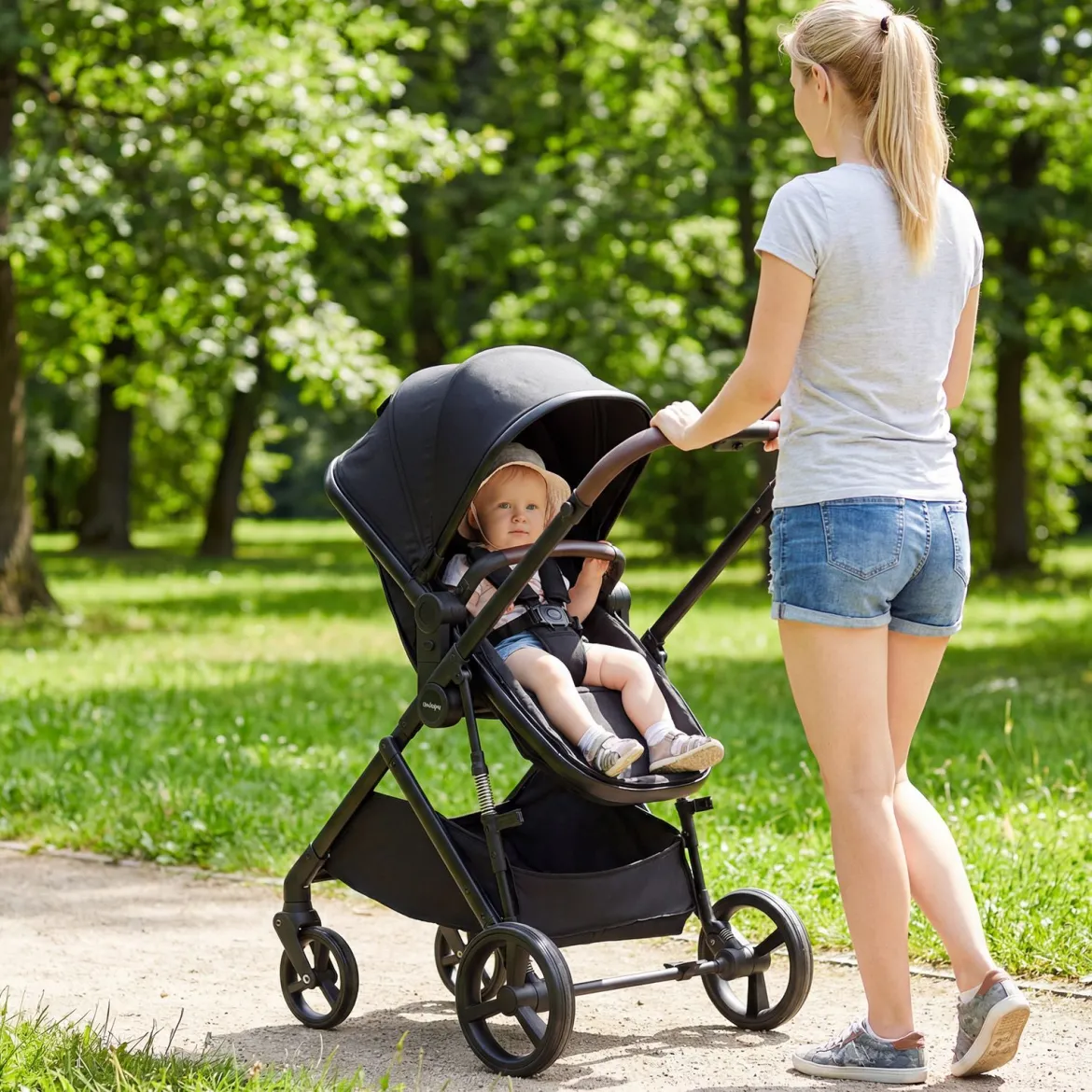 3 in 1 Faltbare Kinderwagen mit Umkehrbarem Sitz & Liegefunktion Reisebuggy Kombikinderwagen Schwarz