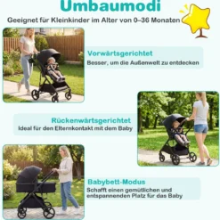 3 in 1 Faltbare Kinderwagen mit Umkehrbarem Sitz & Liegefunktion Reisebuggy Kombikinderwagen Schwarz