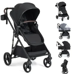 3 in 1 Faltbare Kinderwagen mit Umkehrbarem Sitz & Liegefunktion Reisebuggy Kombikinderwagen Schwarz