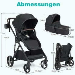 3 in 1 Faltbare Kinderwagen mit Umkehrbarem Sitz & Liegefunktion Reisebuggy Kombikinderwagen Schwarz