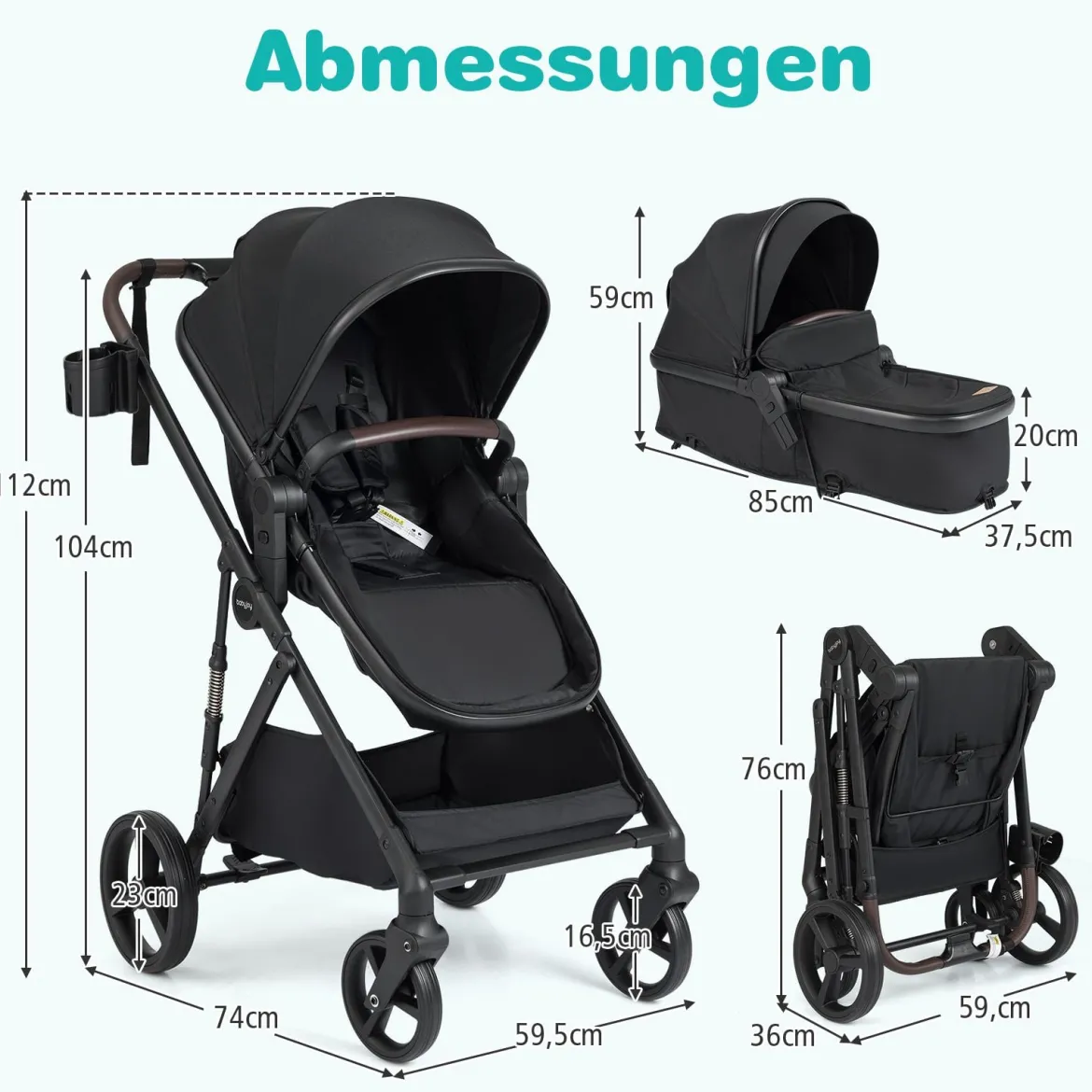 3 in 1 Faltbare Kinderwagen mit Umkehrbarem Sitz & Liegefunktion Reisebuggy Kombikinderwagen Schwarz
