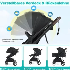 3 in 1 Faltbare Kinderwagen mit Umkehrbarem Sitz & Liegefunktion Reisebuggy Kombikinderwagen Schwarz