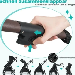 3 in 1 Faltbare Kinderwagen mit Umkehrbarem Sitz & Liegefunktion Reisebuggy Kombikinderwagen Schwarz
