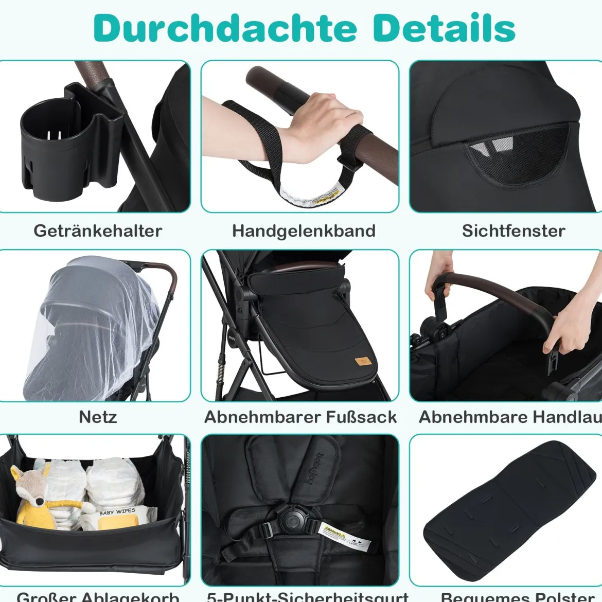 3 in 1 Faltbare Kinderwagen mit Umkehrbarem Sitz & Liegefunktion Reisebuggy Kombikinderwagen Schwarz