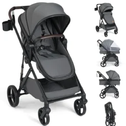 3 in 1 Faltbare Kinderwagen mit Umkehrbarem Sitz & Liegefunktion Reisebuggy Kombikinderwagen Grau