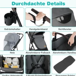 3 in 1 Faltbare Kinderwagen mit Umkehrbarem Sitz & Liegefunktion Reisebuggy Kombikinderwagen Grau