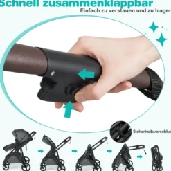 3 in 1 Faltbare Kinderwagen mit Umkehrbarem Sitz & Liegefunktion Reisebuggy Kombikinderwagen Grau