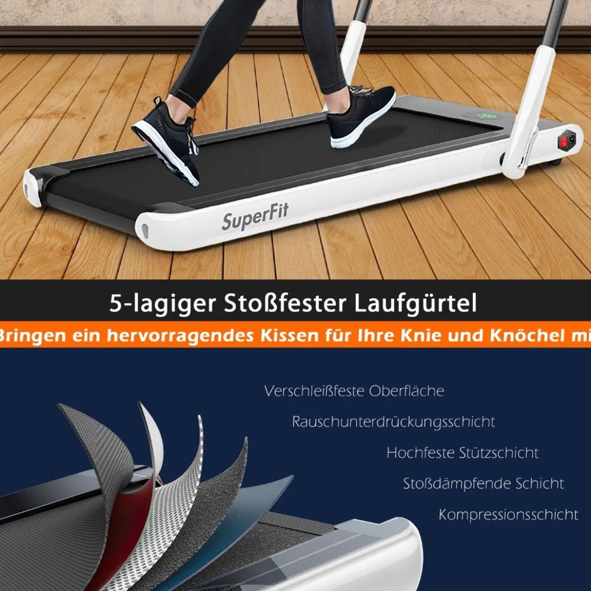 2-in-1 Faltbares Laufband mit APP & Fernbedienung Handyhalter LED-Display und Lautsprecher Weiß