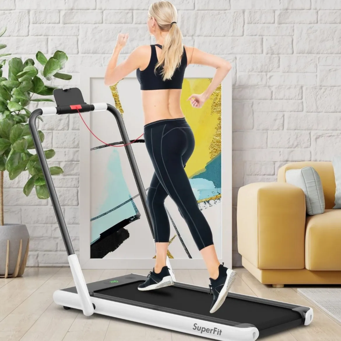 2-in-1 Faltbares Laufband mit APP & Fernbedienung Handyhalter LED-Display und Lautsprecher Weiß