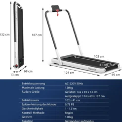 2-in-1 Faltbares Laufband mit APP & Fernbedienung Handyhalter LED-Display und Lautsprecher Weiß