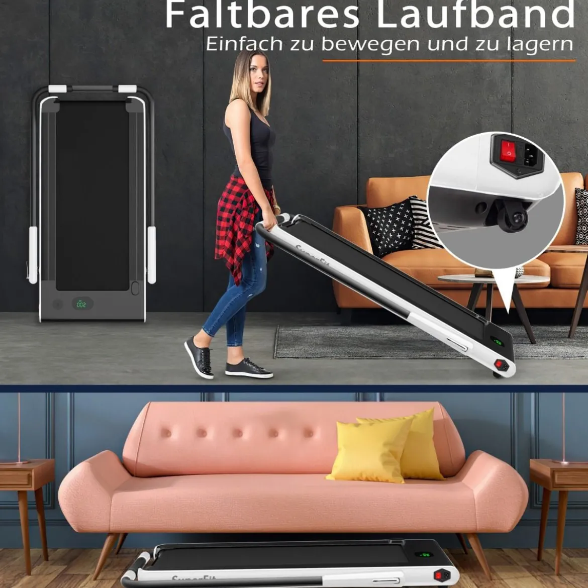 2-in-1 Faltbares Laufband mit APP & Fernbedienung Handyhalter LED-Display und Lautsprecher Weiß