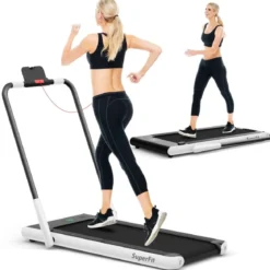 2-in-1 Faltbares Laufband mit APP & Fernbedienung Handyhalter LED-Display und Lautsprecher Weiß