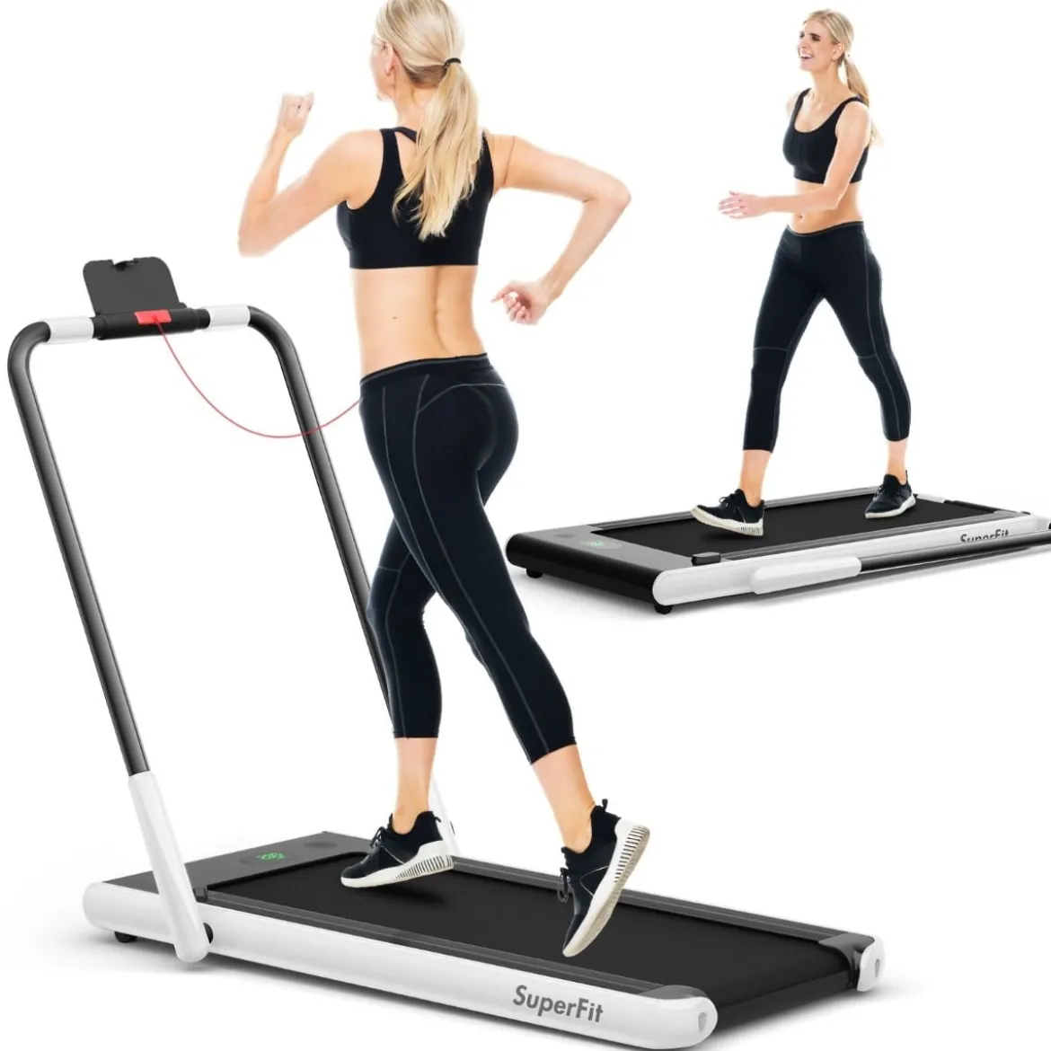 2-in-1 Faltbares Laufband mit APP & Fernbedienung Handyhalter LED-Display und Lautsprecher Weiß