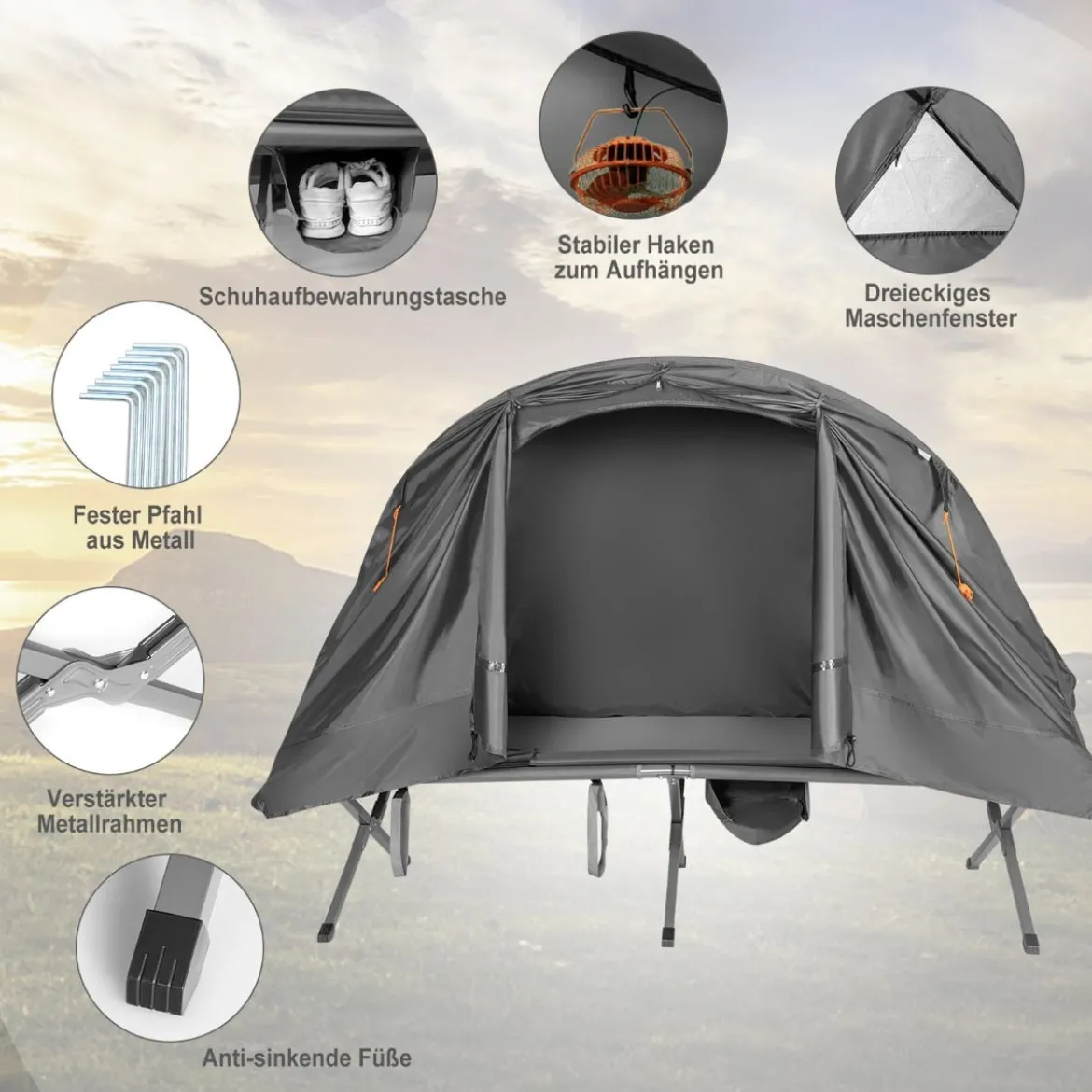 4 in 1 faltbares Outdoorzelt für 1 Person mit Abdeckung und Matratze 200 x 87 x 154 cm Grau