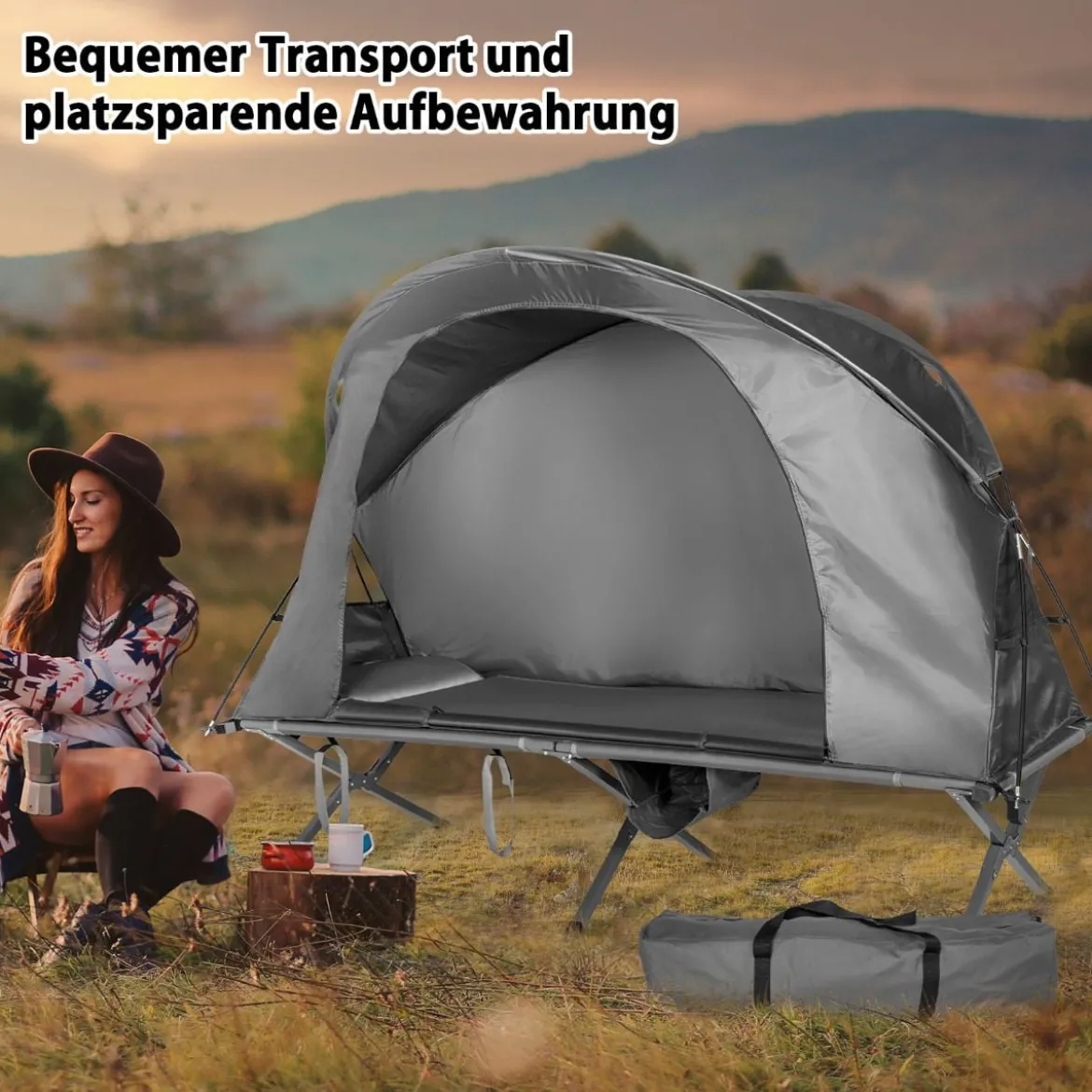 4 in 1 faltbares Outdoorzelt für 1 Person mit Abdeckung und Matratze 200 x 87 x 154 cm Grau