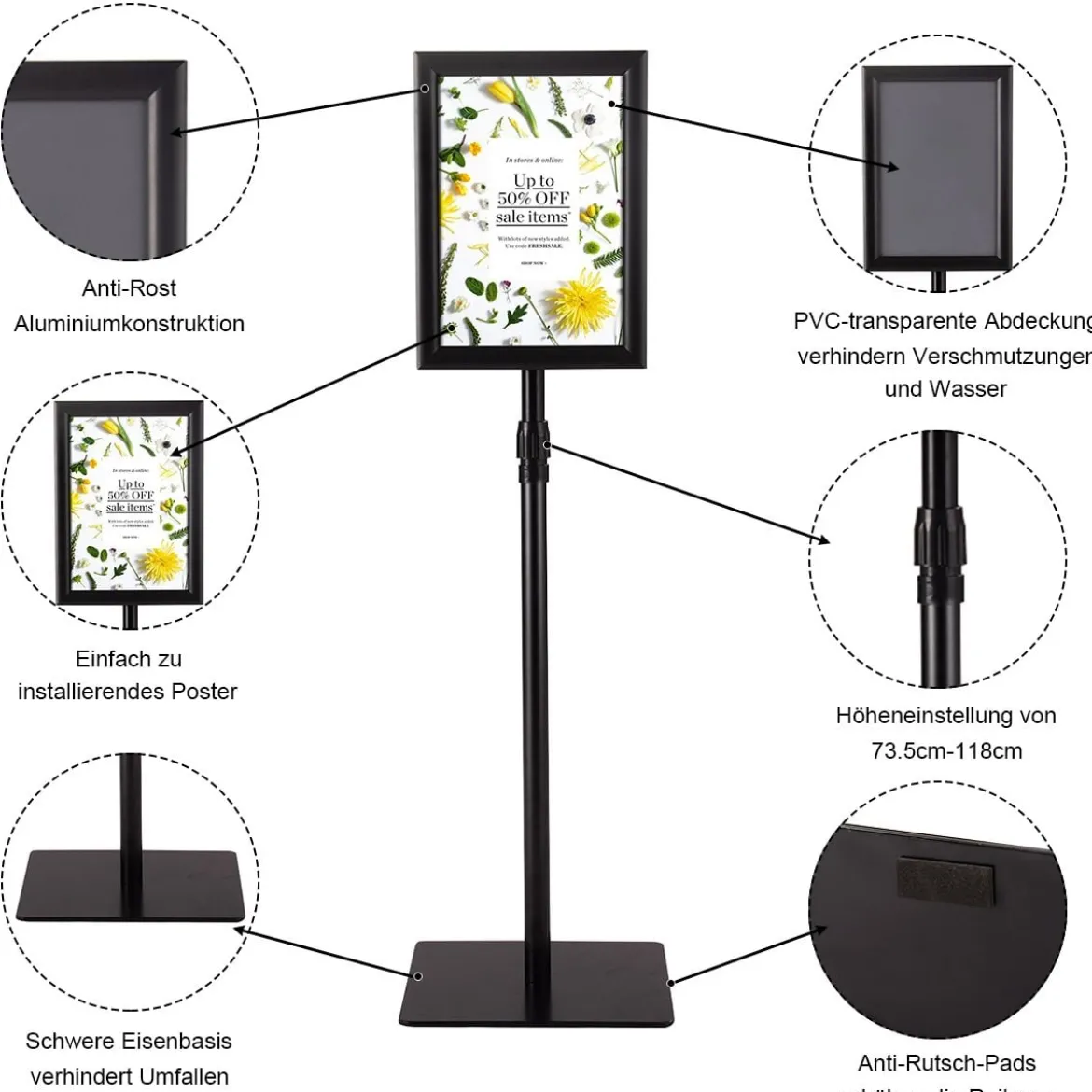 Infoständer DIN A4 Höhenverstellbarer Abnehmbarer Plakatständer Plakat Silber/Schwarz 33 x 24 cm
