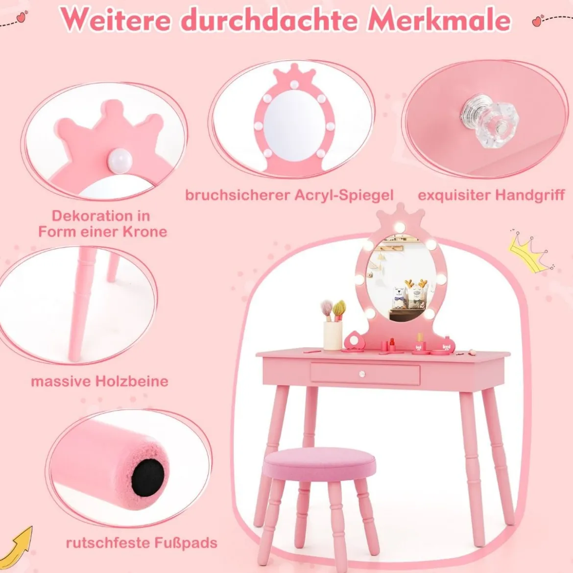 2 in 1 Frisiertisch Prinzessin mit Abnehmbarem Spiegel & Schublade Kinder Schminktisch