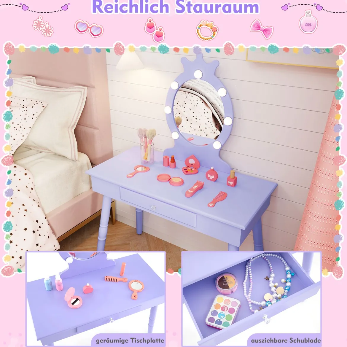 2 in 1 Frisiertisch Prinzessin mit Abnehmbarem Spiegel & Schublade Kinder Schminktisch