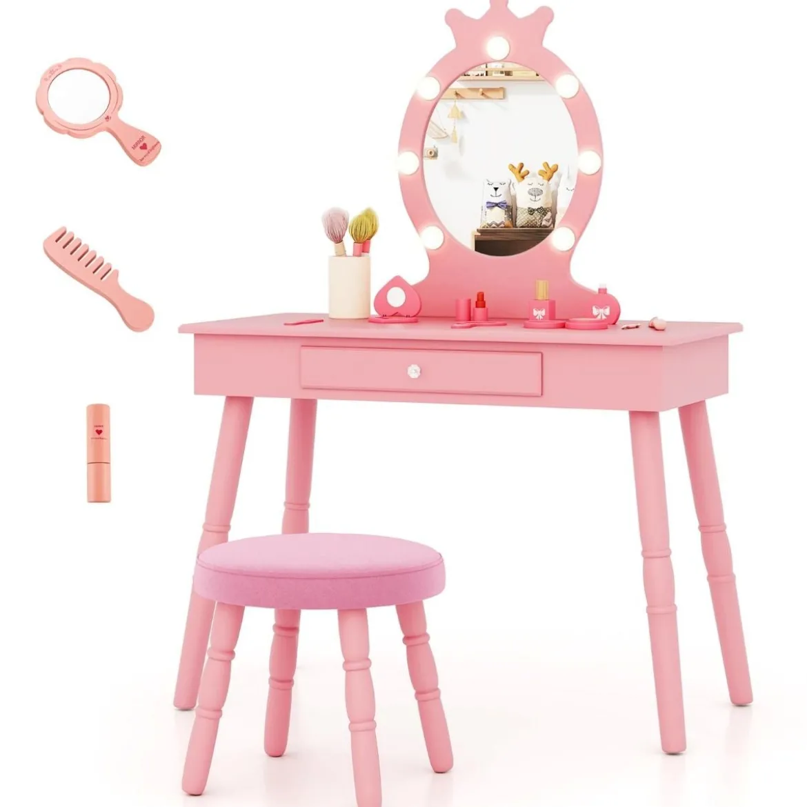 2 in 1 Frisiertisch Prinzessin mit Abnehmbarem Spiegel & Schublade Kinder Schminktisch