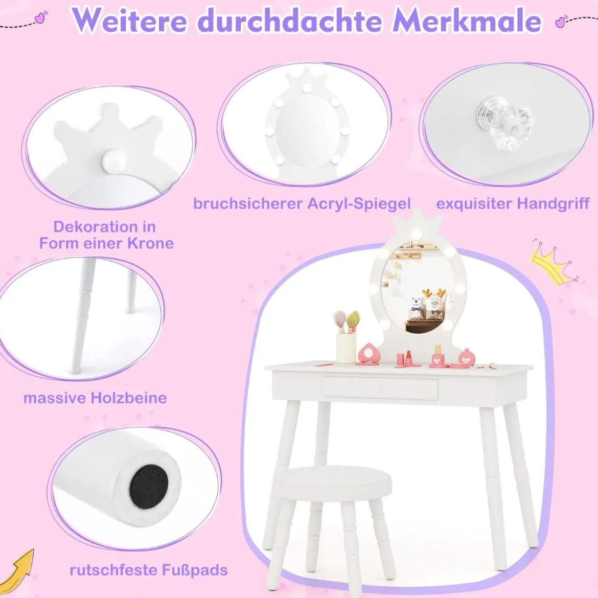 2 in 1 Frisiertisch Prinzessin mit Abnehmbarem Spiegel & Schublade Kinder Schminktisch