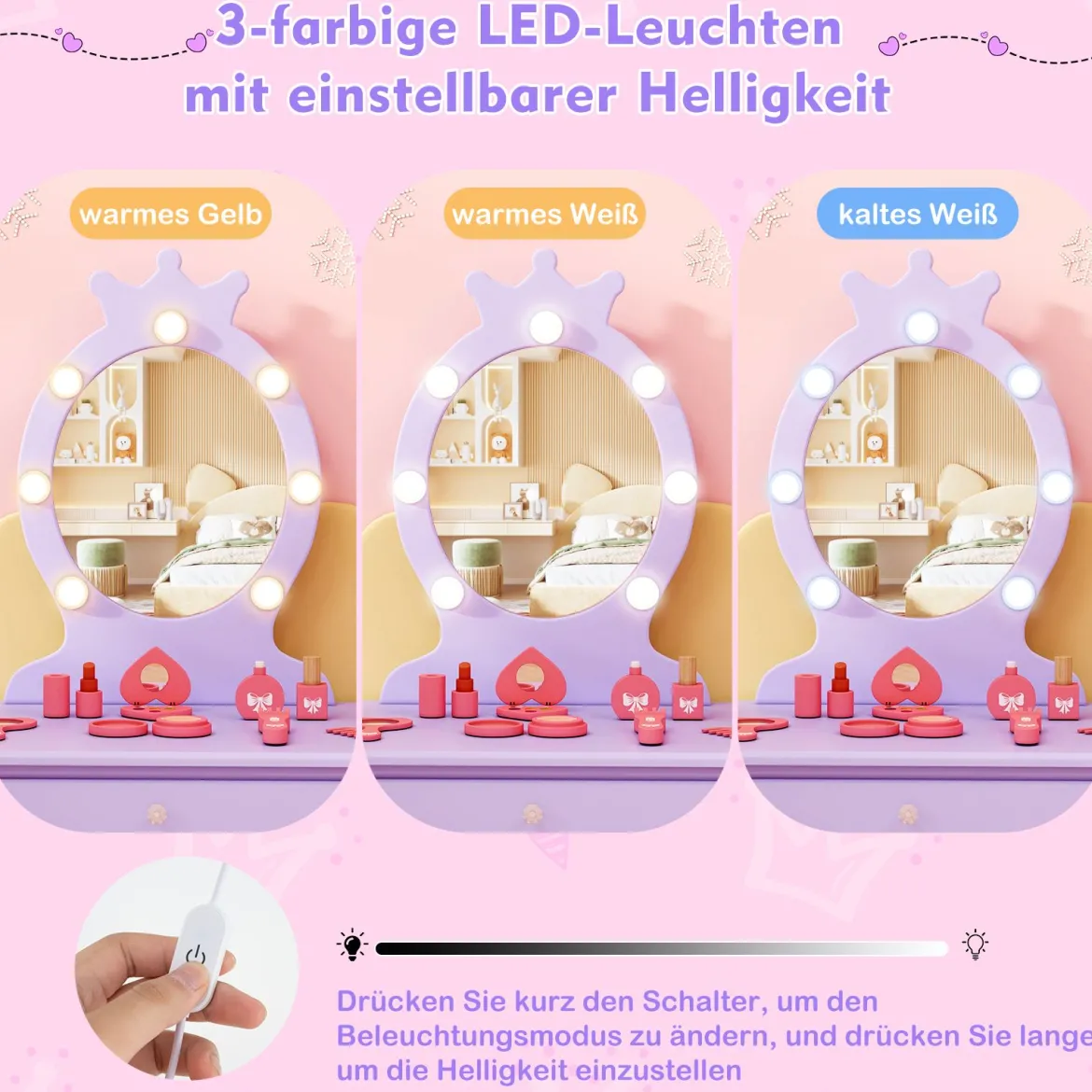 2 in 1 Frisiertisch Prinzessin mit Abnehmbarem Spiegel & Schublade Kinder Schminktisch