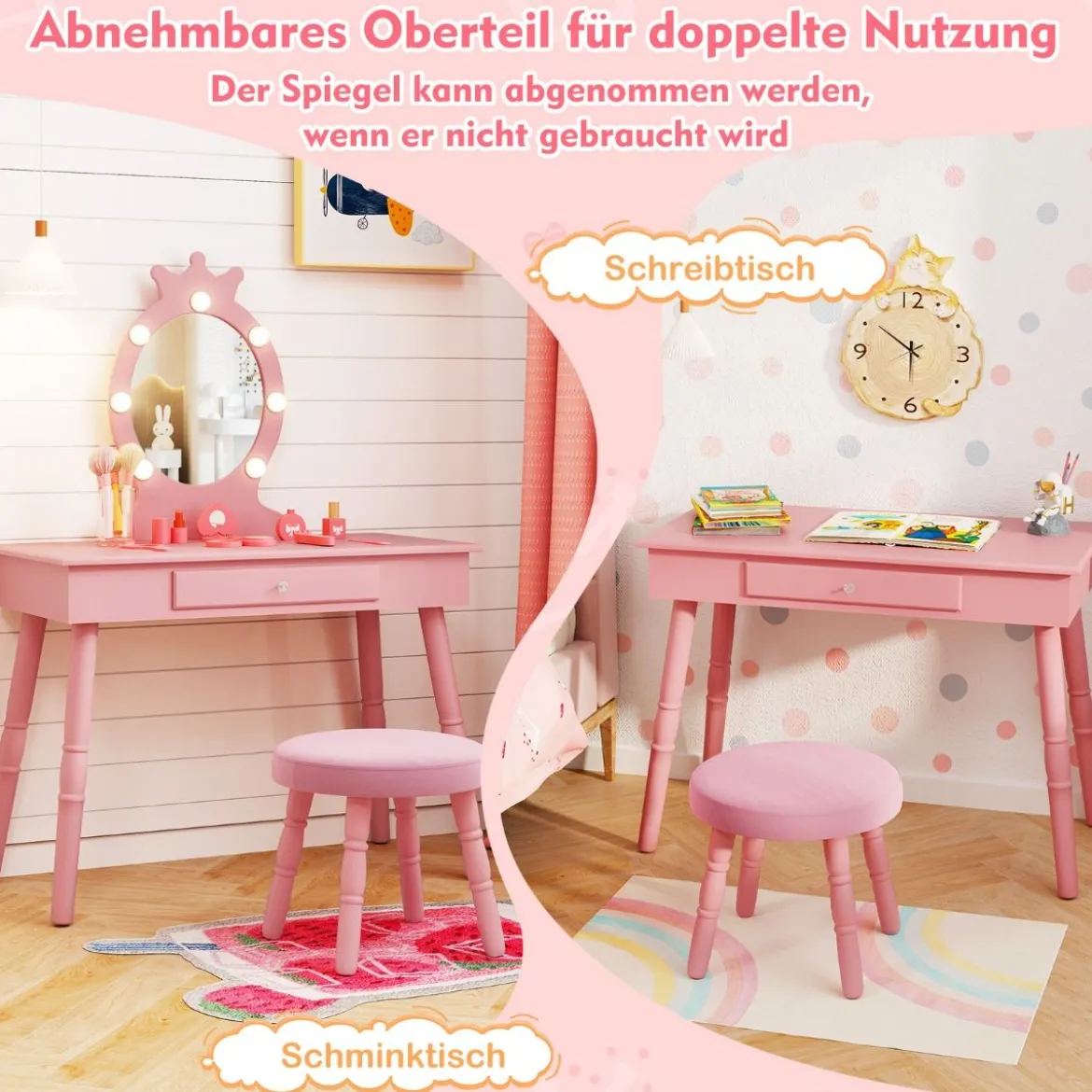 2 in 1 Frisiertisch Prinzessin mit Abnehmbarem Spiegel & Schublade Kinder Schminktisch