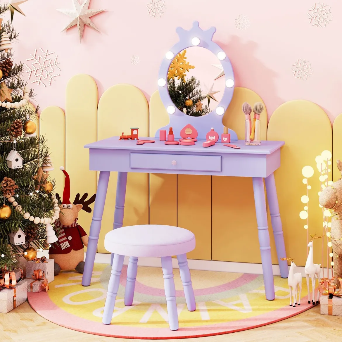 2 in 1 Frisiertisch Prinzessin mit Abnehmbarem Spiegel & Schublade Kinder Schminktisch