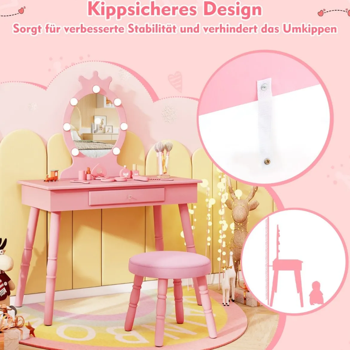 2 in 1 Frisiertisch Prinzessin mit Abnehmbarem Spiegel & Schublade Kinder Schminktisch