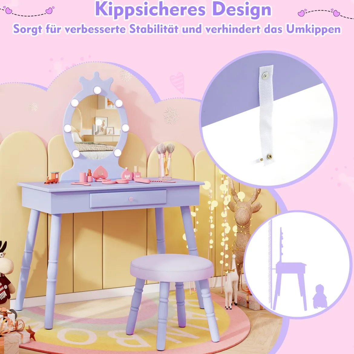 2 in 1 Frisiertisch Prinzessin mit Abnehmbarem Spiegel & Schublade Kinder Schminktisch
