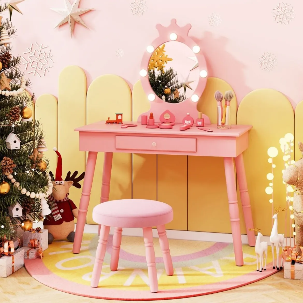 2 in 1 Frisiertisch Prinzessin mit Abnehmbarem Spiegel & Schublade Kinder Schminktisch