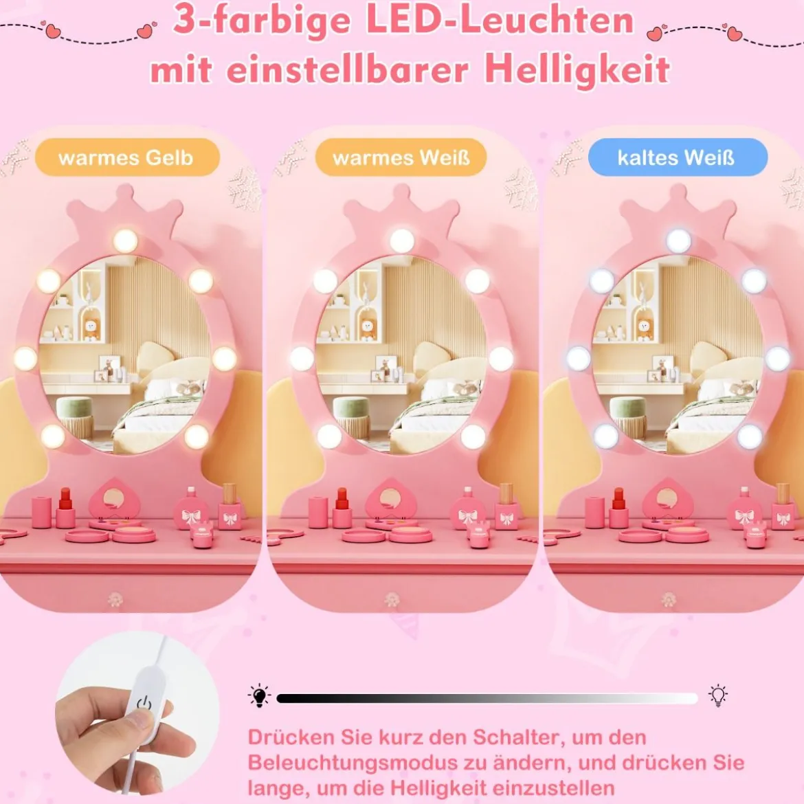 2 in 1 Frisiertisch Prinzessin mit Abnehmbarem Spiegel & Schublade Kinder Schminktisch