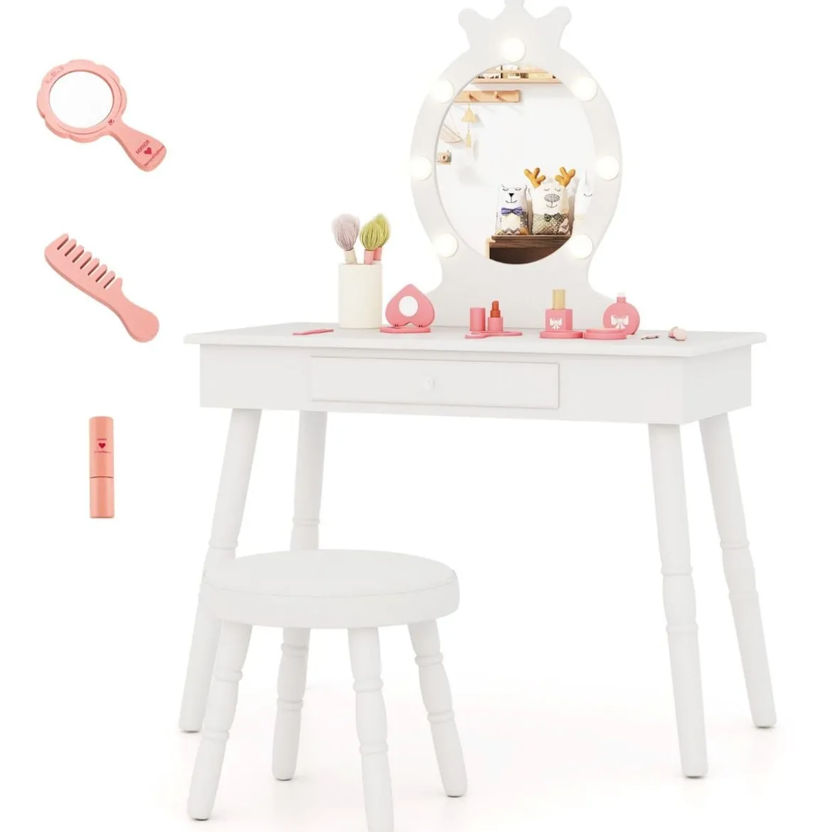 2 in 1 Frisiertisch Prinzessin mit Abnehmbarem Spiegel & Schublade Kinder Schminktisch