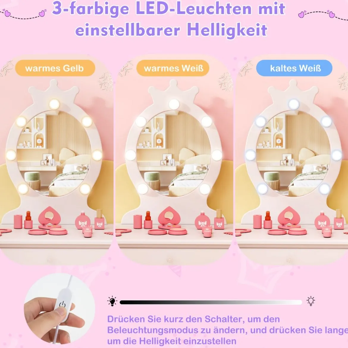 2 in 1 Frisiertisch Prinzessin mit Abnehmbarem Spiegel & Schublade Kinder Schminktisch