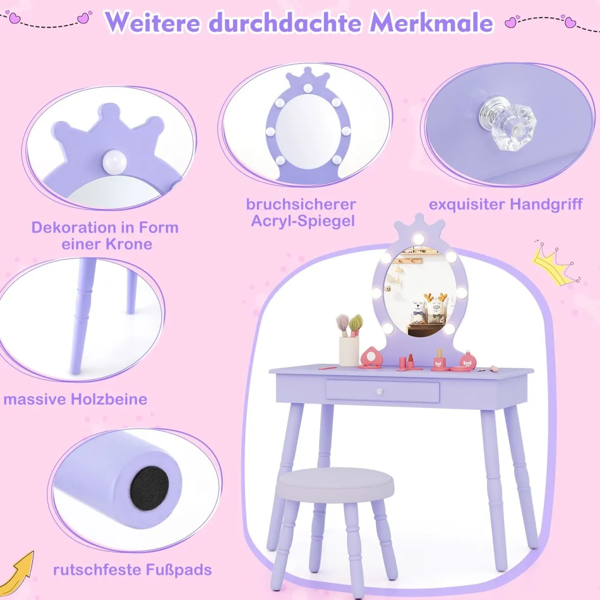 2 in 1 Frisiertisch Prinzessin mit Abnehmbarem Spiegel & Schublade Kinder Schminktisch
