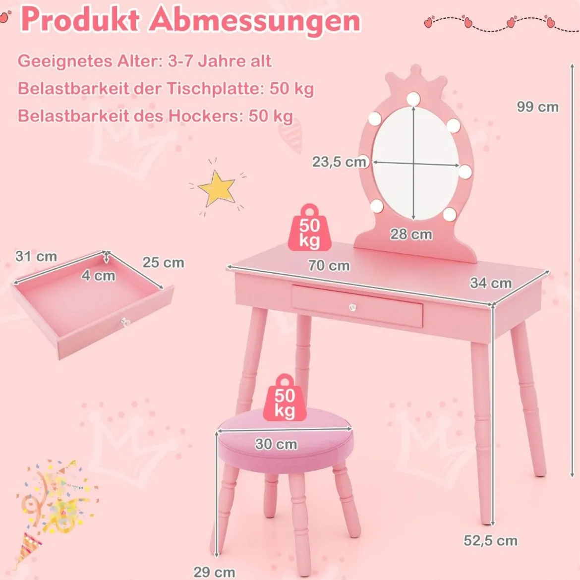 2 in 1 Frisiertisch Prinzessin mit Abnehmbarem Spiegel & Schublade Kinder Schminktisch