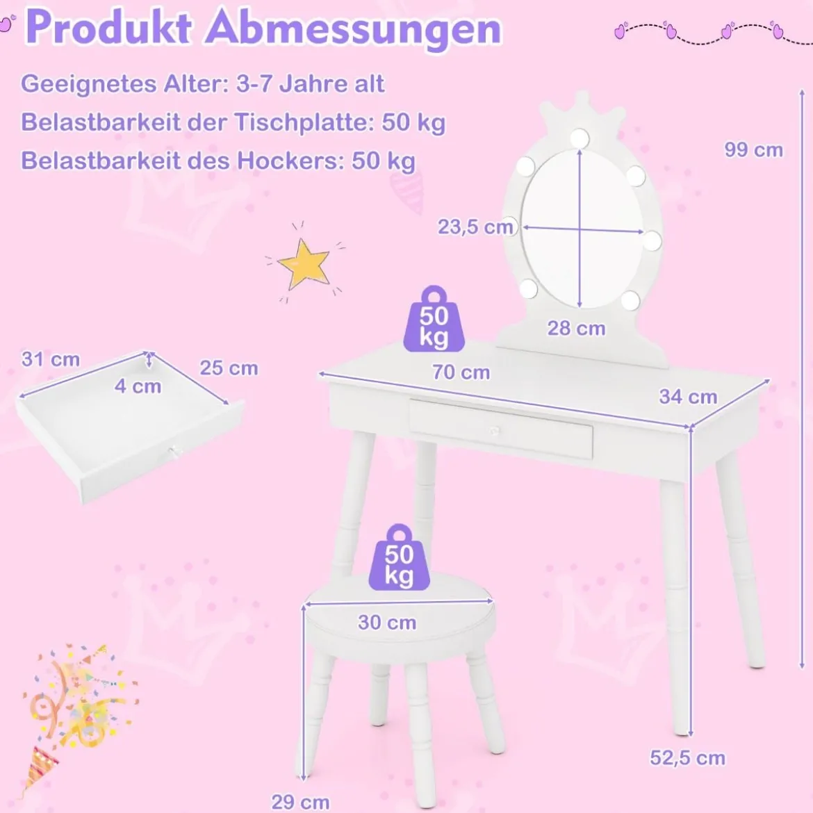 2 in 1 Frisiertisch Prinzessin mit Abnehmbarem Spiegel & Schublade Kinder Schminktisch