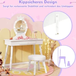 2 in 1 Frisiertisch Prinzessin mit Abnehmbarem Spiegel & Schublade Kinder Schminktisch