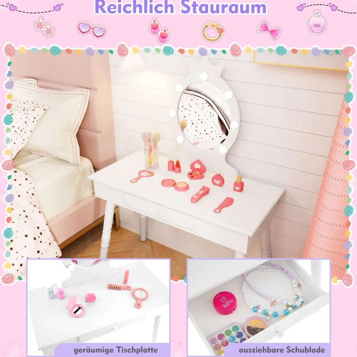 2 in 1 Frisiertisch Prinzessin mit Abnehmbarem Spiegel & Schublade Kinder Schminktisch