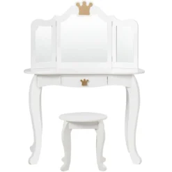 2 in 1 Frisiertisch Set Kinder Schminktisch Mädchen Frisiertisch Holz Spiegeltisch Weiß 80x42x105cm