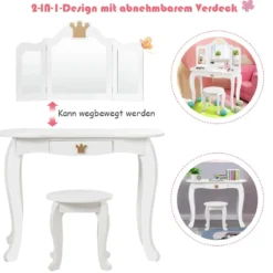 2 in 1 Frisiertisch Set Kinder Schminktisch Mädchen Frisiertisch Holz Spiegeltisch Weiß 80x42x105cm